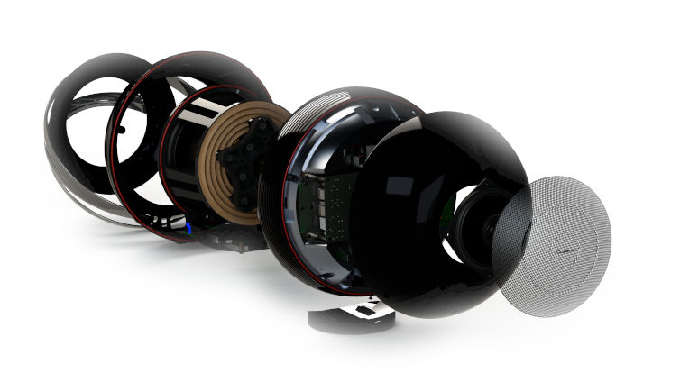Exploded view Cabasse The Pearl Akoya v černém provedení s rozloženými komponenty — kulové membrány, basový měnič, výhybka a izolační podstavec